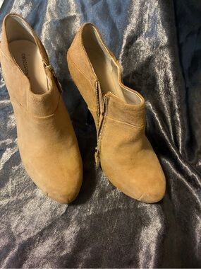 Obsession Plus Tan Suede Ankle Heeled Booties with Side Zip